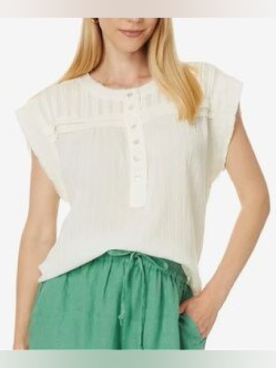 Faherty Tops - Faherty Cream Semi-Sheer Gauze Henley Blouse L